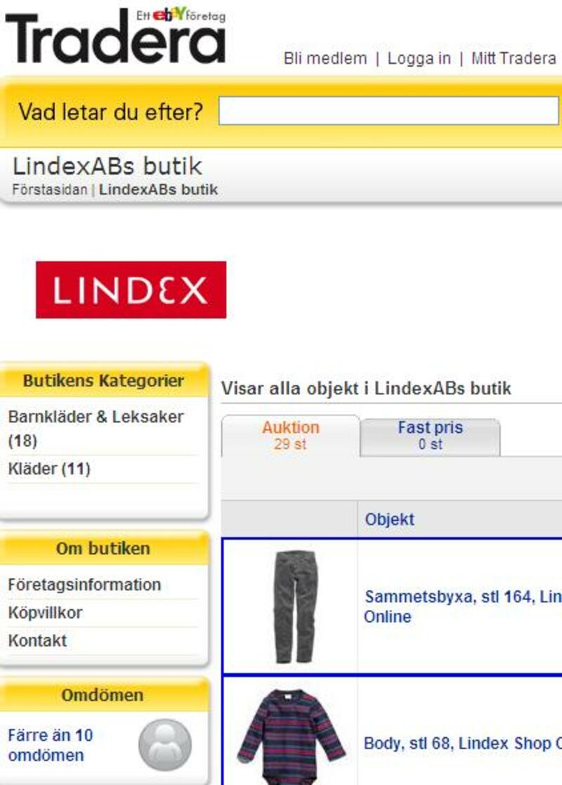 Lindex kränger på Tradera